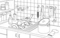 Part of the kitchen interior with a full sink of dirty dishes, a pan, tiles and shelves. Black and white contour illustrati